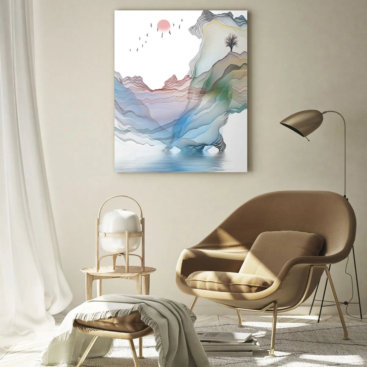 Obraz na szkle - Kolorowe góry z łodzią na wodzie w stylu akwareli - 50x70cm - Ku kryształowym górom - Nowoczesna dekoracja ścienna do salonu, kuchni i sypialni ARTTOR