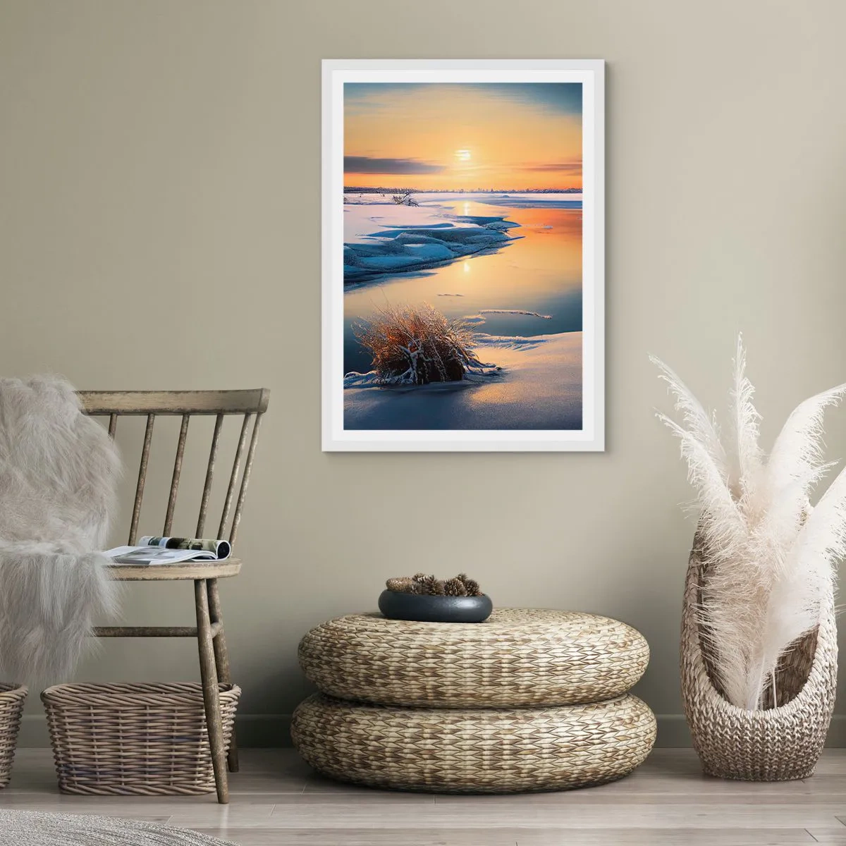 Plakat w białej ramie - Zimowy zachód słońca - 50x70 cm