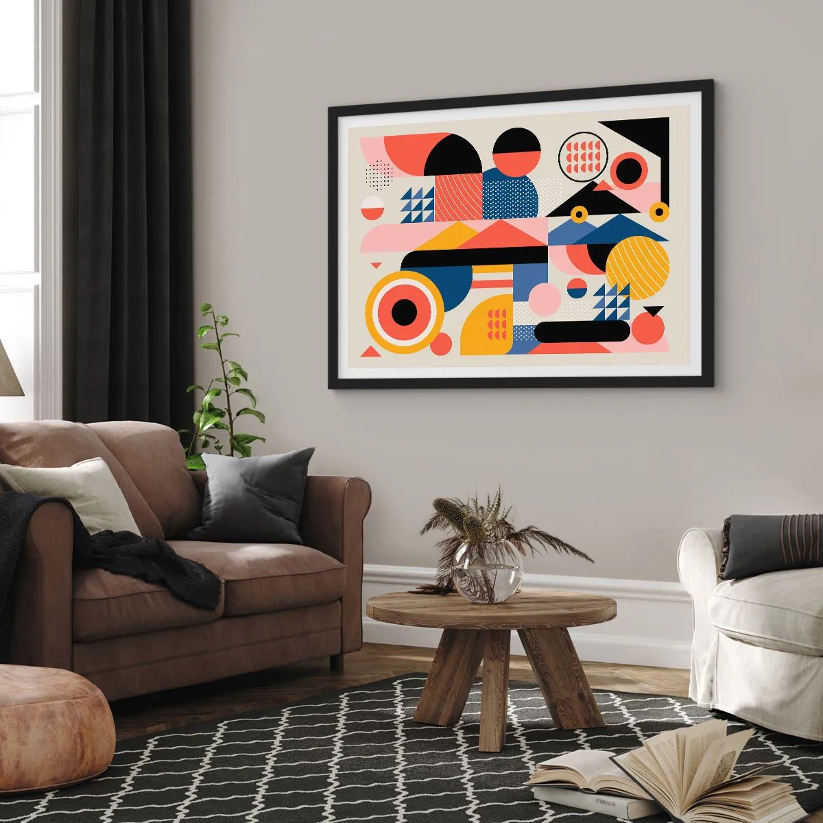 Plakat w czarnej ramie - Kolorowe geometryczne kształty w stylu retro - 70x50cm - Kompozycja: pobaw się - Nowoczesna dekoracja ścienna do salonu i sypialni ARTTOR