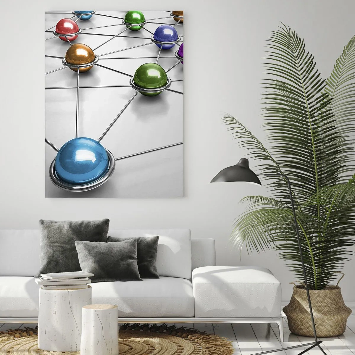 Obraz na szkle - Kolorowe kule połączone liniami na jasnym tle - 50x70cm - Kosmiczna pajęczyna - Nowoczesna dekoracja ścienna do salonu, kuchni i sypialni ARTTOR