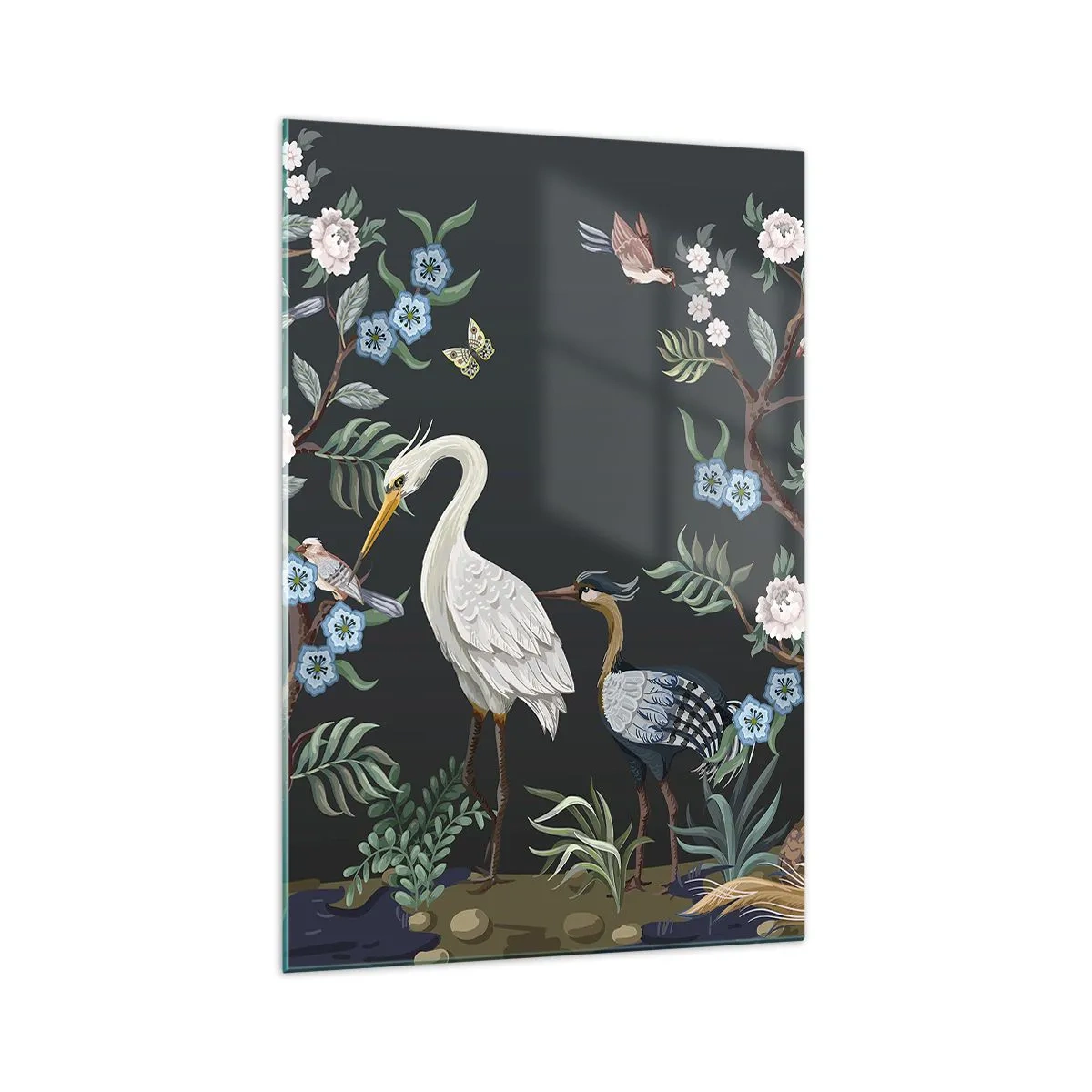 Obraz na szkle - Malowane ptaki i rośliny na ciemnym tle o eleganckim wzorze - 70x100cm - Ptasia parada - Nowoczesna dekoracja ścienna do salonu i sypialni ARTTOR