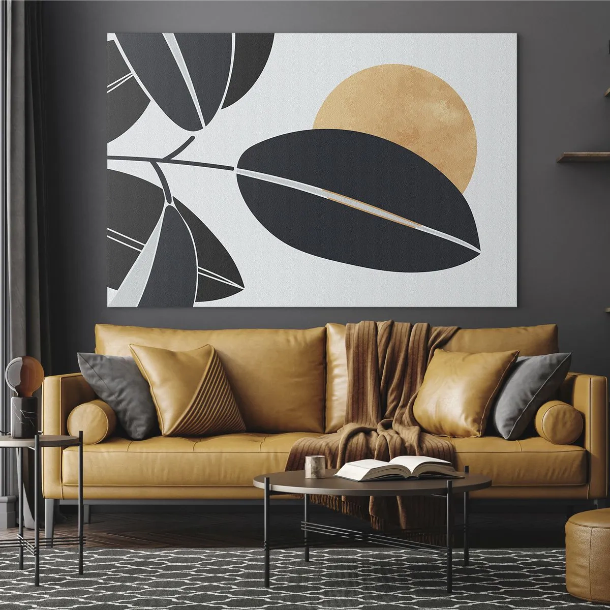 Obraz na szkle - Stylizowane liście w czerni z pomarańczowym słońcem w tle - 70x50cm - Dzień gorącego lata - Nowoczesna dekoracja ścienna do salonu i sypialni ARTTOR