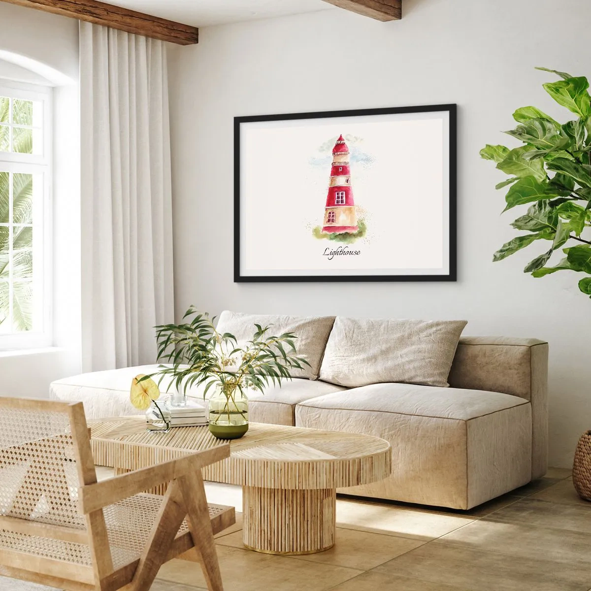Plakat w czarnej ramie - Akwarelowy obraz latarni morskiej na jasnym tle z napisem - 70x50cm - Wokół zawsze pogoda - Nowoczesna dekoracja ścienna do salonu i sypialni ARTTOR