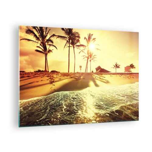 Obraz na szkle - Złota plaża z palmami o zachodzie słońca i spokojnym morzem - 70x50cm - Kalifornijskie popołudnie - Nowoczesna dekoracja ścienna do salonu i sypialni ARTTOR