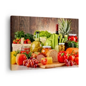 Obraz na płótnie - Kolorowe owoce, warzywa i produkty spożywcze - 70x50cm - Wędzone, pieczone, marynowane - Nowoczesna dekoracja ścienna do salonu i sypialni ARTTOR