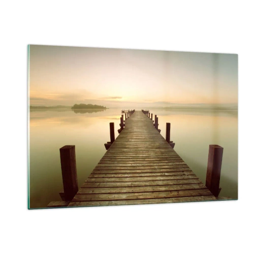 Obraz na szkle - Drewniany pomost na spokojnym jeziorze o świcie - 120x80cm - Przedświt, świtanie, światło - Nowoczesna dekoracja ścienna do salonu, kuchni i sypialni ARTTOR