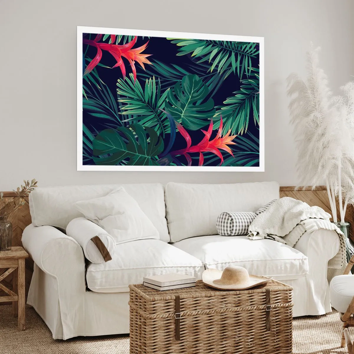 Plakat - Tropikalne liście i kwiaty na ciemnym tle - 100x70cm - Zapłonąć w zieleni - Nowoczesna dekoracja ścienna do salonu i sypialni ARTTOR