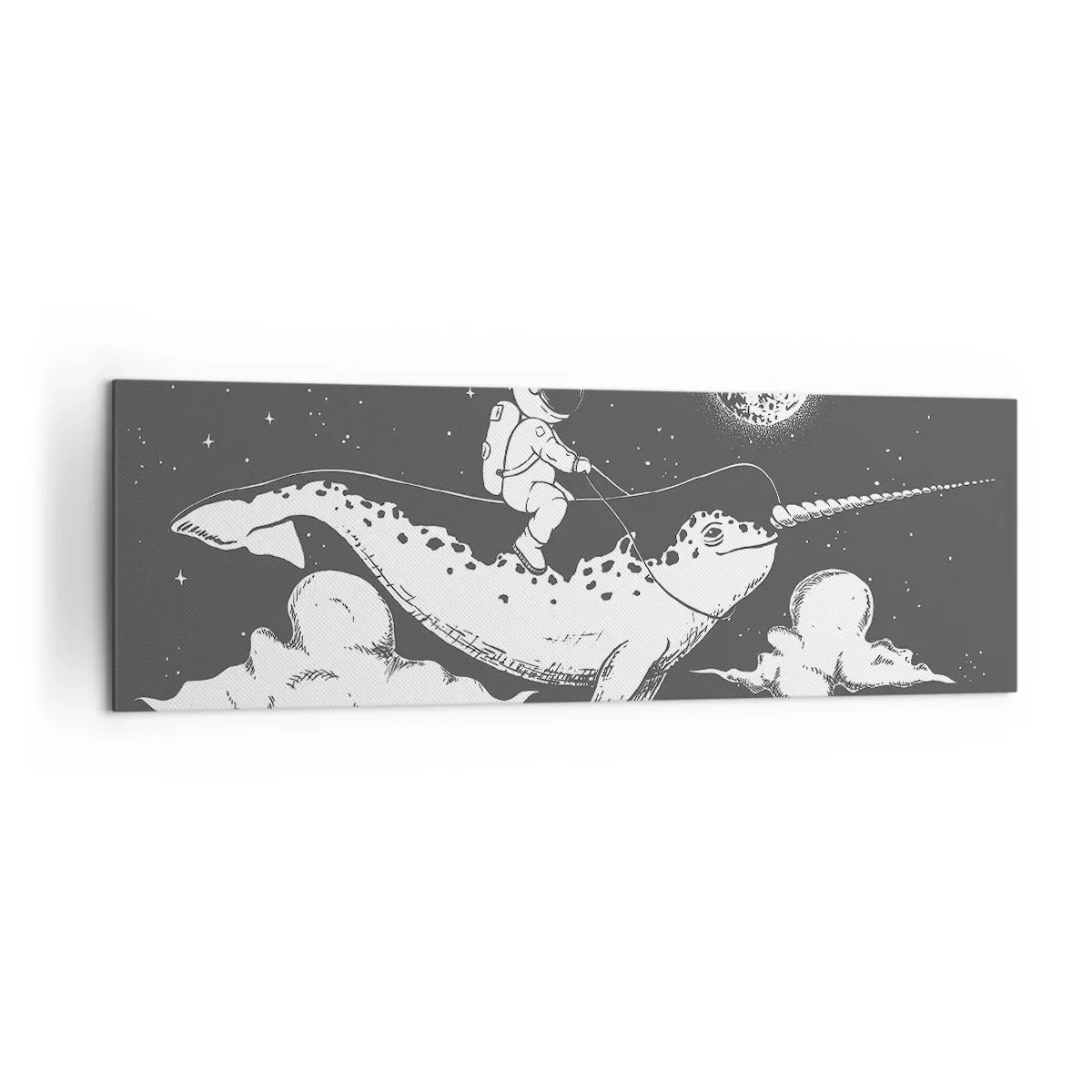 Obraz na płótnie - Astronauta na grzbiecie narwala unoszącego się w kosmicznej scenerii - 160x50cm - Kosmiczny jeździec - Nowoczesna dekoracja ścienna do salonu i sypialni ARTTOR