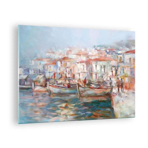 Obraz na szkle - Malowniczy port z łodziami w pastelowej kolorystyce - 70x50cm - Pastelowe wakacje - Nowoczesna dekoracja ścienna do salonu i sypialni ARTTOR