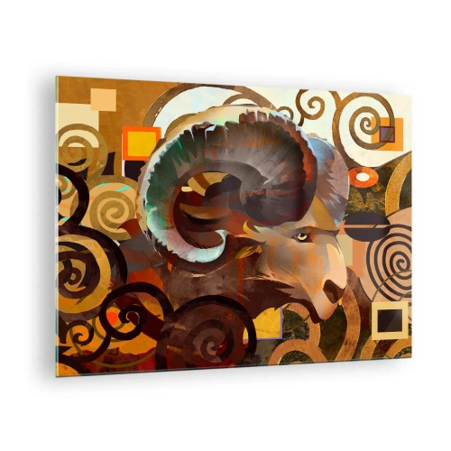 Obraz na szkle - Artystyczny wizerunek barana w geometrycznej i spiralnej kompozycji - 70x50cm - Magie - religie - rytuały - Nowoczesna dekoracja ścienna do salonu i sypialni ARTTOR