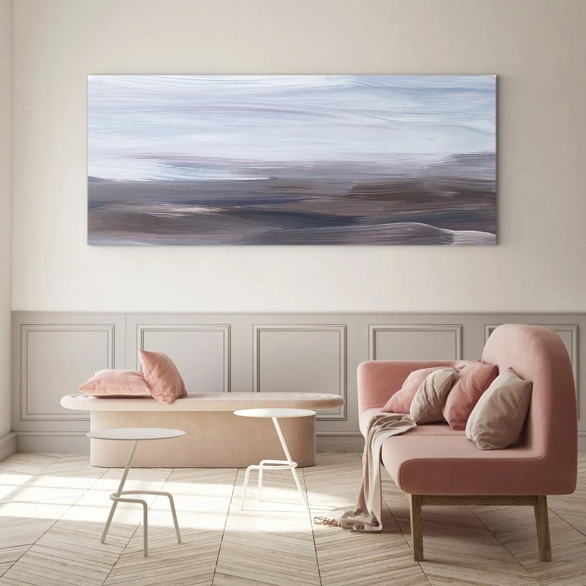 Obraz na szkle - Subtelna abstrakcja z delikatnymi pociągnięciami w pastelowych tonach - 160x50cm - Żywioły: woda - Nowoczesna dekoracja ścienna do salonu i sypialni ARTTOR