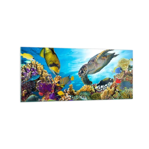 Obraz na szkle - Podwodny świat z kolorowymi rybami i żółwiem w koralowcu - 120x50cm - Koralowa promenada - Nowoczesna dekoracja ścienna do salonu i sypialni ARTTOR