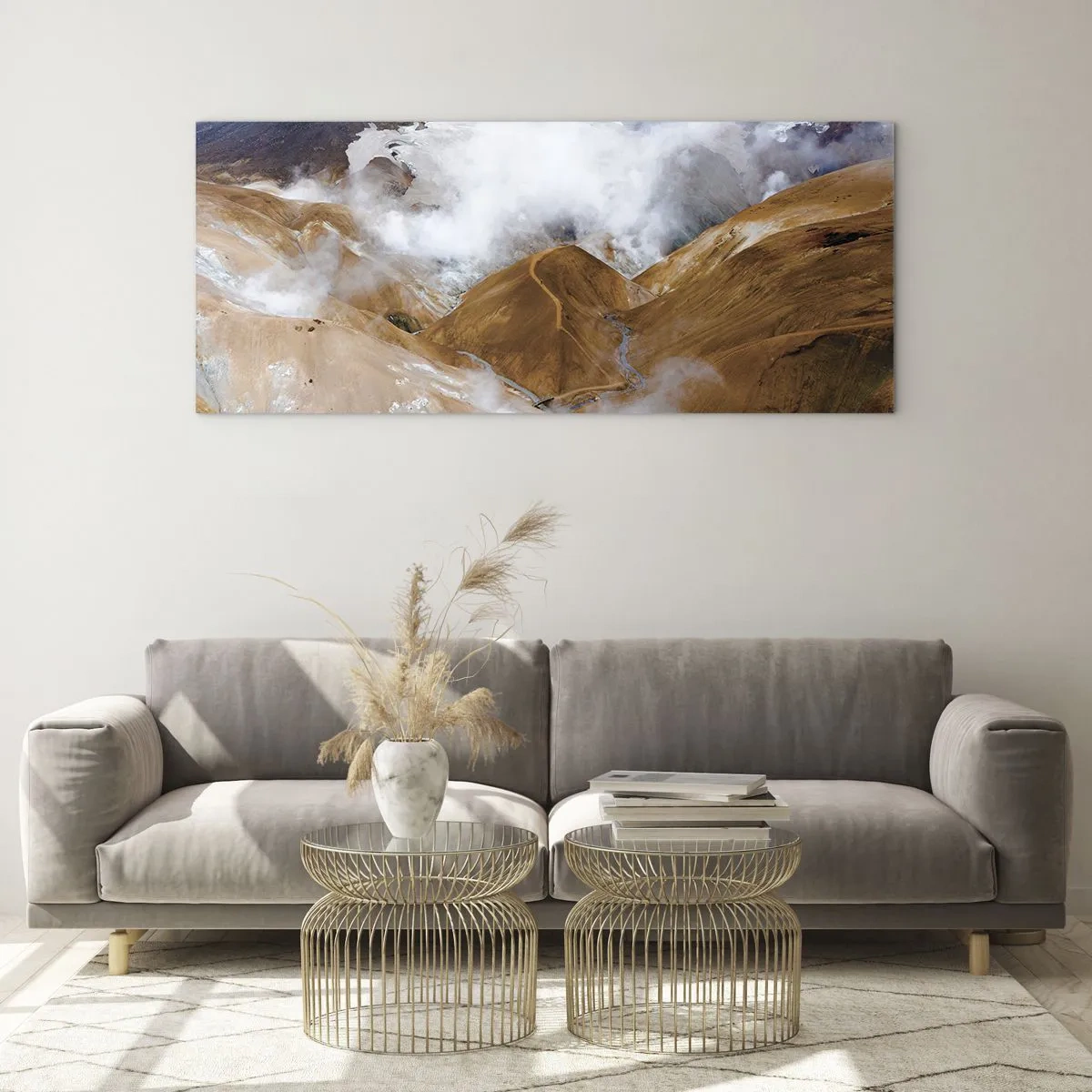 Obraz na szkle - Górski krajobraz z parą wodną w surowym klimacie - 120x50cm - Surowa uroda Islandii - Nowoczesna dekoracja ścienna do salonu i sypialni ARTTOR