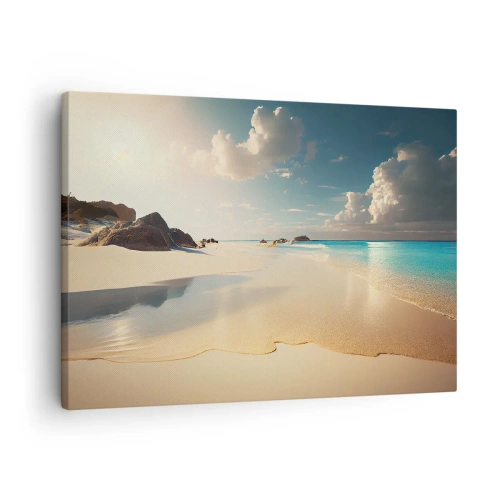 Obraz na płótnie - Słoneczna plaża z błękitnym morzem i skałami - 70x50cm - Wymarzony dzień - Nowoczesna dekoracja ścienna do salonu i sypialni ARTTOR