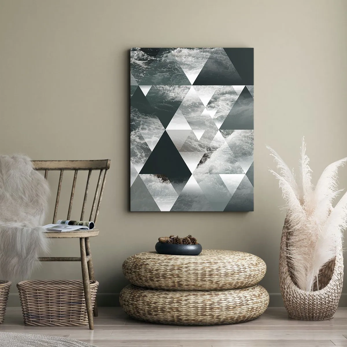 Obraz na płótnie - Geometryczna kompozycja z motywem wody w odcieniach zieleni - 50x70cm - Kryształowa perspektywa - Nowoczesna dekoracja ścienna do salonu, kuchni i sypialni ARTTOR