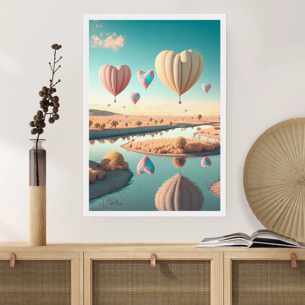 Plakat - Balony w kształcie serc unoszące się nad krajobrazem - 50x70cm - Miłość pozwala wznieść się - Nowoczesna dekoracja ścienna do salonu, kuchni i sypialni ARTTOR