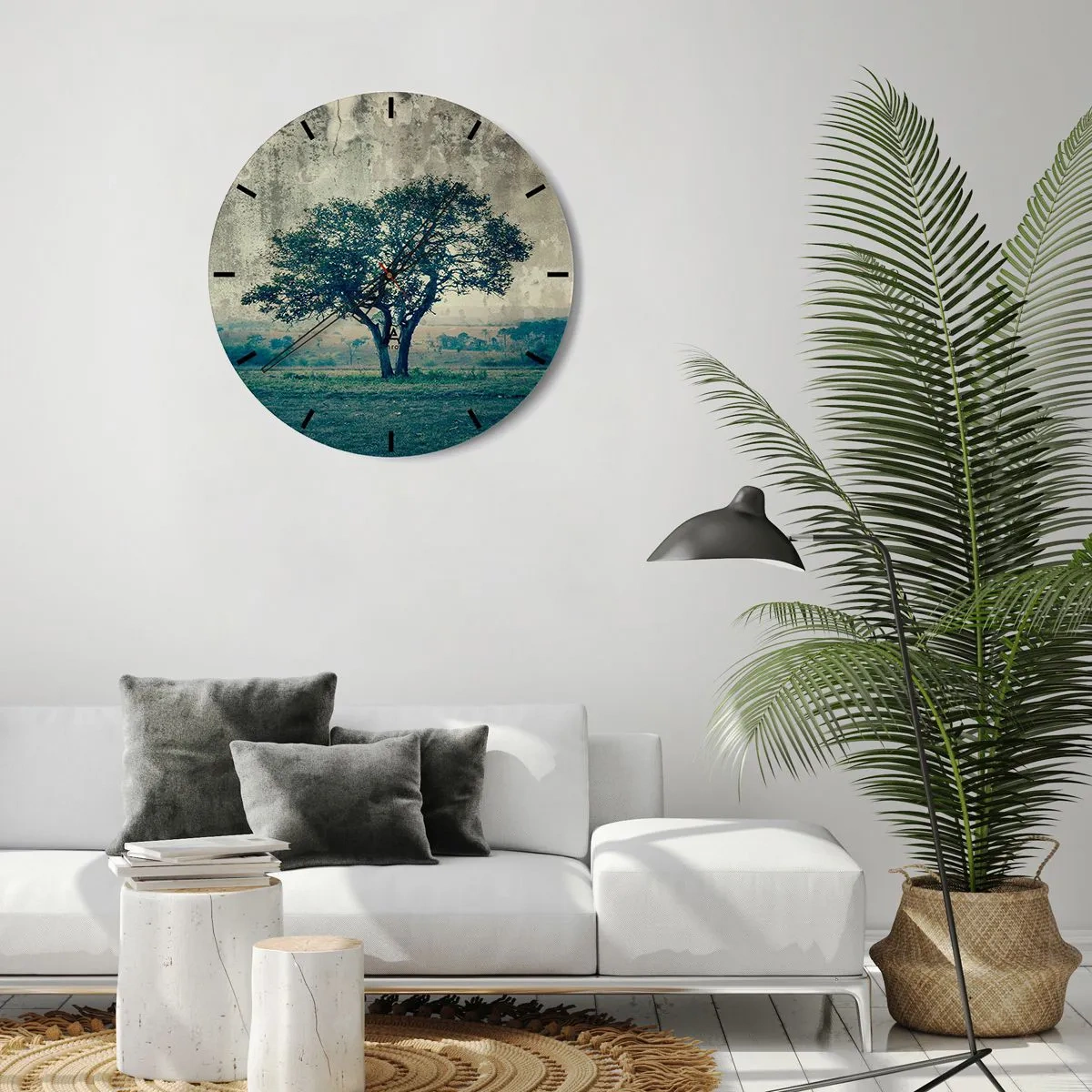 Zegar ścienny - Samotne drzewo na tle błękitnego krajobrazu - 30x30cm - Jabłoń na błękitnym błoniu? - Nowoczesna dekoracja ścienna do salonu, kuchni i sypialni ARTTOR