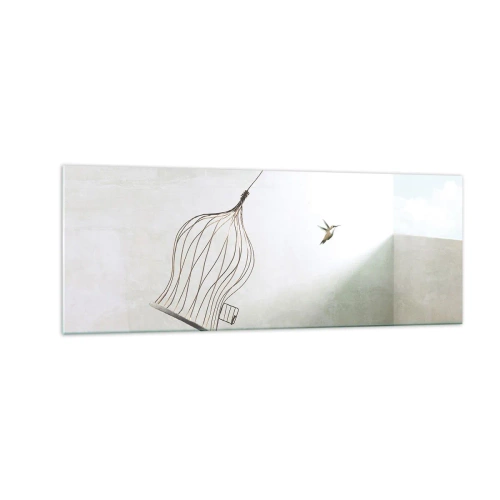 Obraz na szkle - Ptaszek uwolniony z klatki na tle jasnego nieba - 140x50cm - W swoim żywiole - Nowoczesna dekoracja ścienna do salonu i sypialni ARTTOR