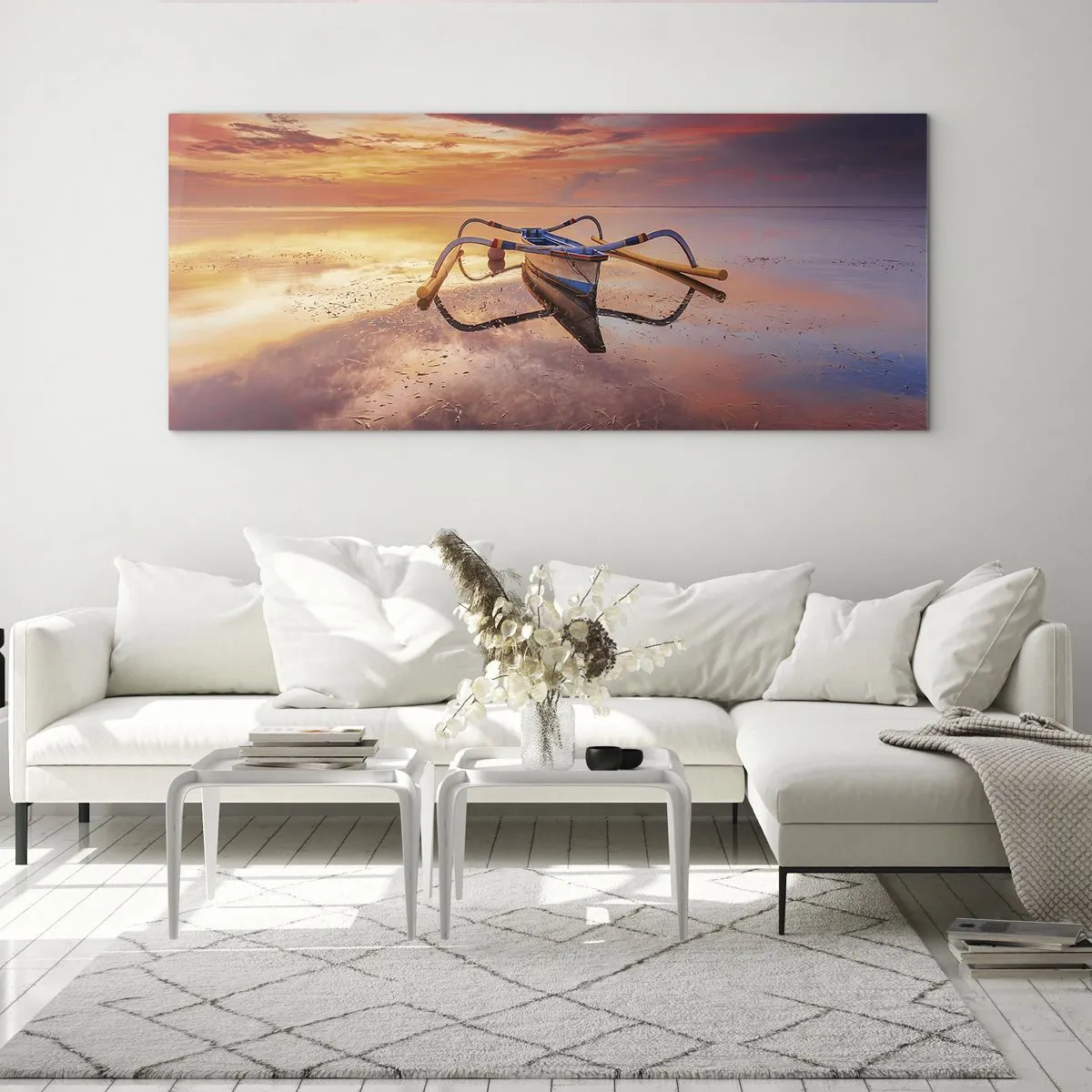 Obraz na szkle - Łódź na spokojnej wodzie o zachodzie słońca - 120x50cm - Spokój tropikalnego wieczoru - Nowoczesna dekoracja ścienna do salonu i sypialni ARTTOR