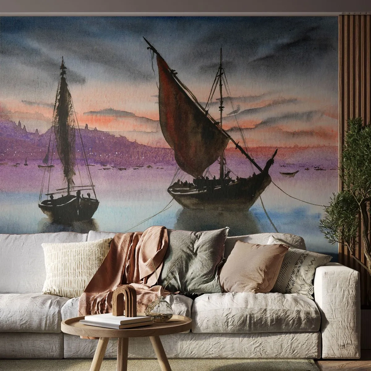 Fototapeta Premium Sand - Malownicze żaglówki na tle zachodzącego słońca - 100x70cm - Wieczór w porcie - Nowoczesna dekoracja ścienna do salonu, kuchni i sypialni ARTTOR