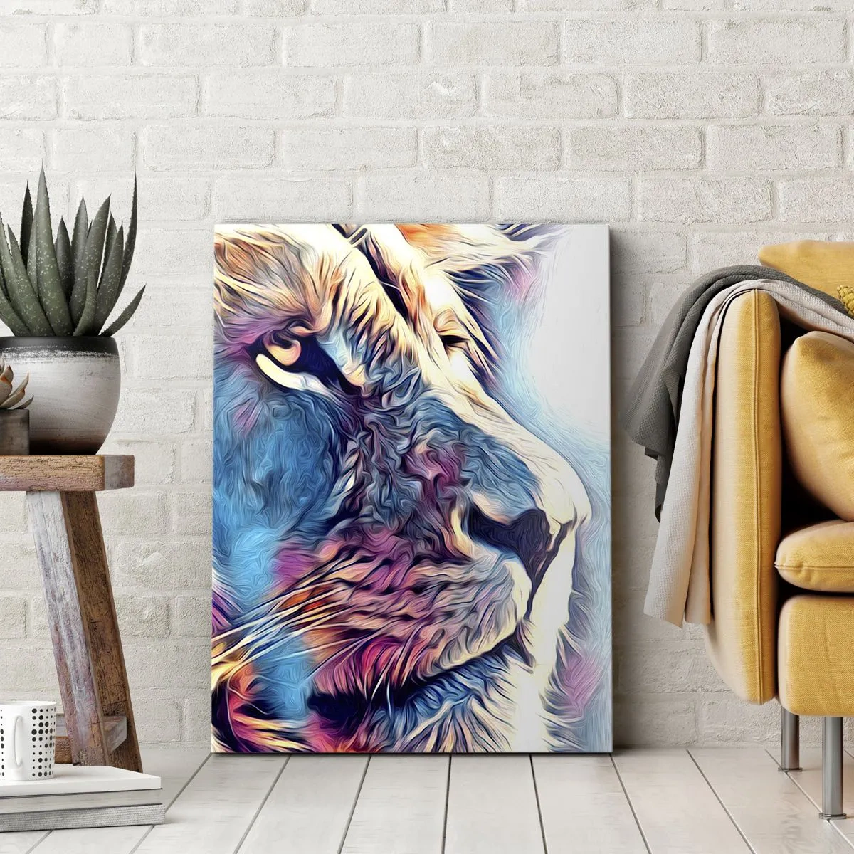 Obraz na płótnie - Kolorowy portret lwa w stylu artystycznym - 50x70cm - Mądrość natury - Nowoczesna dekoracja ścienna do salonu, kuchni i sypialni ARTTOR