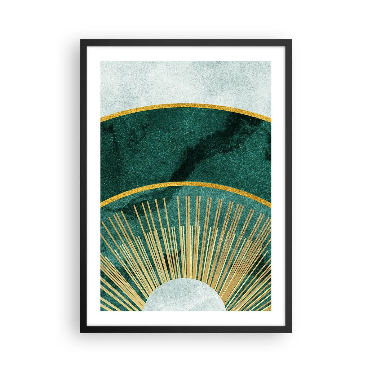 Plakat w czarnej ramie - Elegancka kompozycja geometryczna w odcieniach zieleni i złota - 50x70cm - Inny układ słoneczny - Nowoczesna dekoracja ścienna do salonu i sypialni ARTTOR