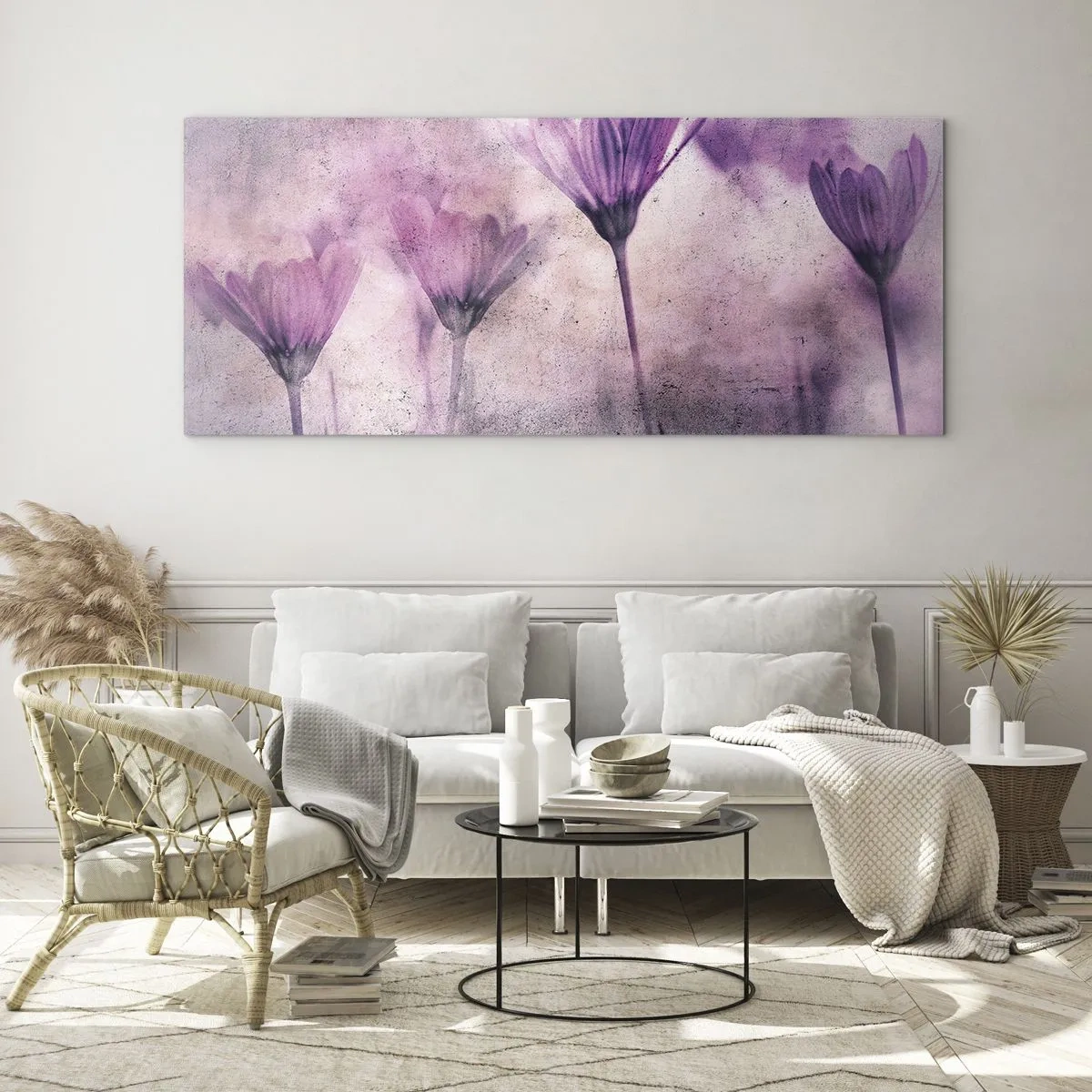 Obraz na szkle - Delikatne kwiaty w odcieniach fioletu na jasnym tle - 120x50cm - Sen kwiatów - Nowoczesna dekoracja ścienna do salonu i sypialni ARTTOR