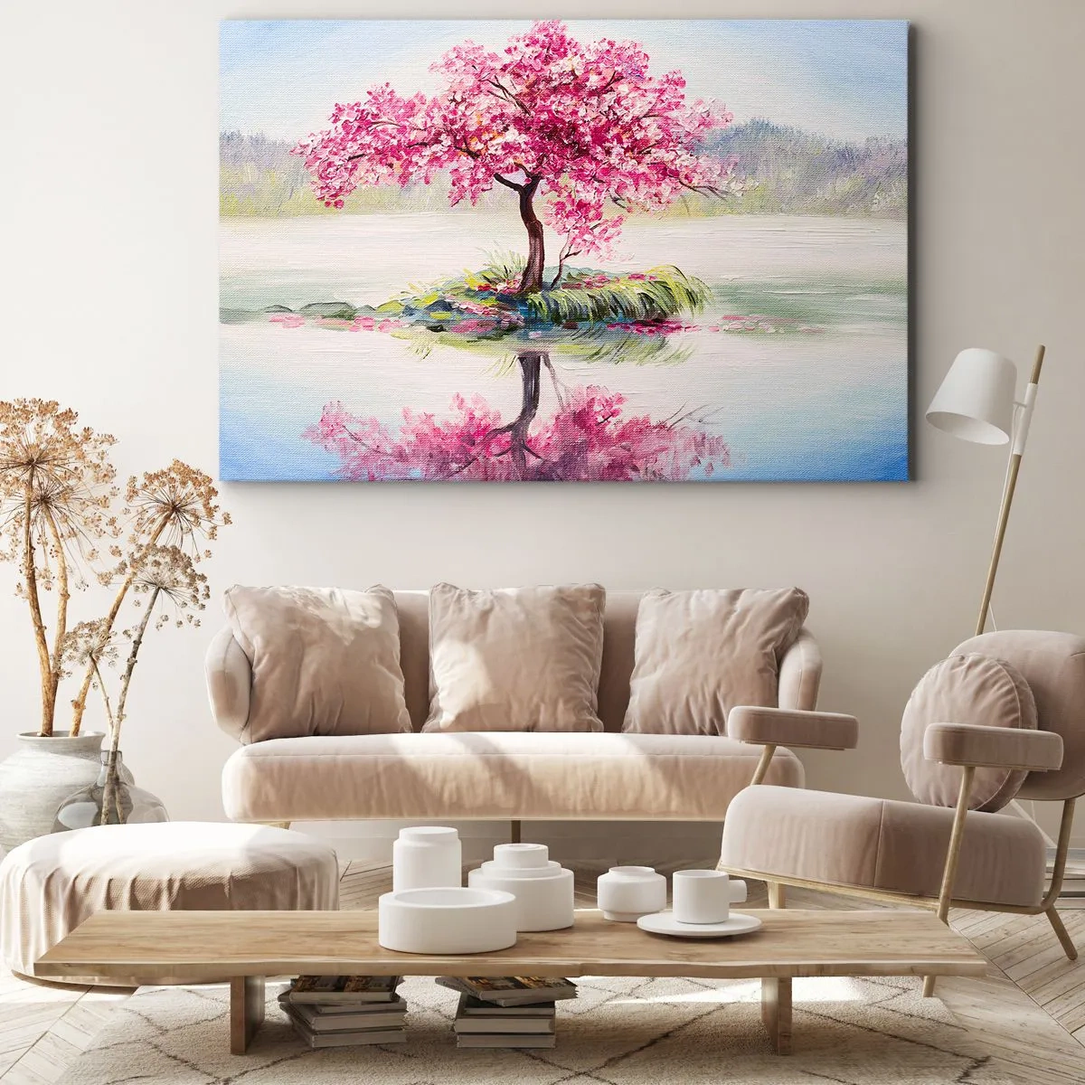 Obraz na płótnie - Kwitnące drzewo na spokojnej wodzie - 70x50cm - Święto wiosny - Nowoczesna dekoracja ścienna do salonu i sypialni ARTTOR