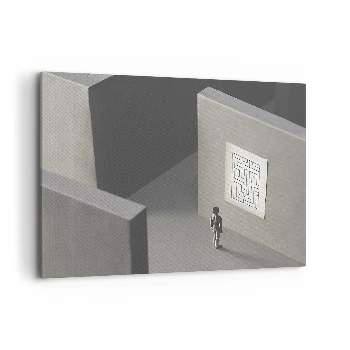Obraz na płótnie - Postać w labiryncie patrząca na wiszącą mapę - 100x70cm - Ale gdzie jestem? - Nowoczesna dekoracja ścienna do salonu, kuchni i sypialni ARTTOR