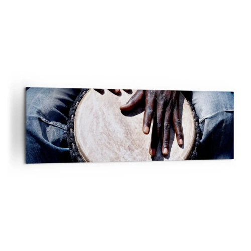 Obraz na płótnie - Ręce grające na bębnie djembe w dynamicznej kompozycji - 160x50cm - Żyj w swoim rytmie - Nowoczesna dekoracja ścienna do salonu i sypialni ARTTOR
