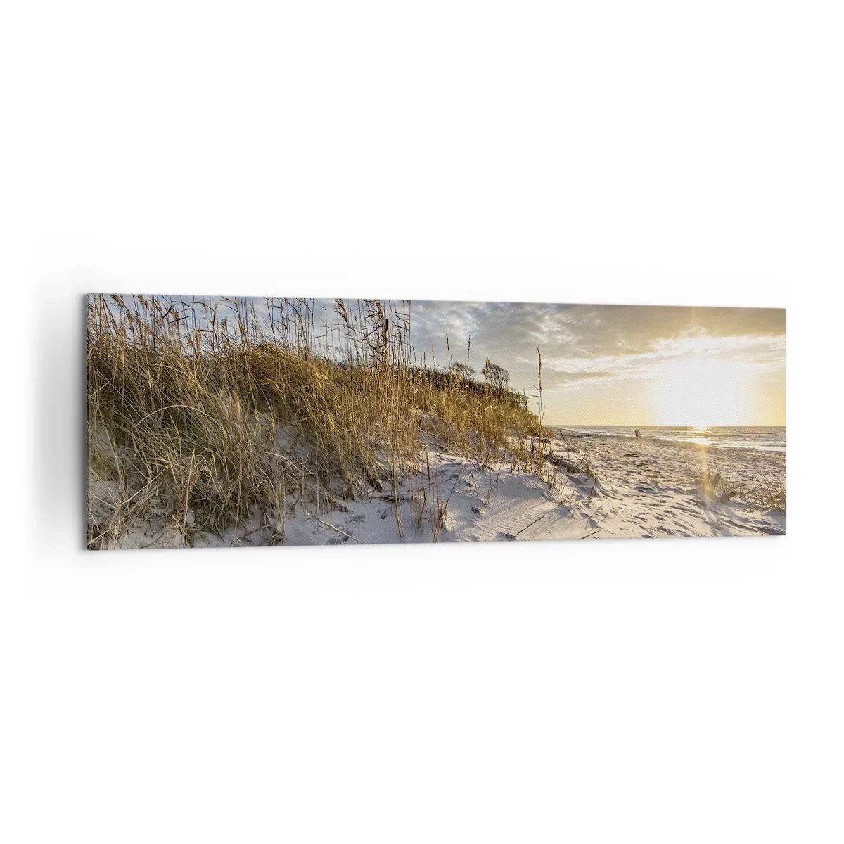 Obraz na płótnie - Wydmy z trawą i ślady na piasku przy zachodzie słońca - 160x50cm - Zaproszenie na spacer - Nowoczesna dekoracja ścienna do salonu i sypialni ARTTOR