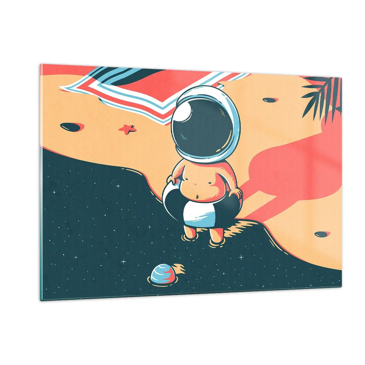 Obraz na szkle - Postać astronauty na plaży z kosmicznym krajobrazem - 120x80cm - Z innej perspektywy - Nowoczesna dekoracja ścienna do salonu, kuchni i sypialni ARTTOR