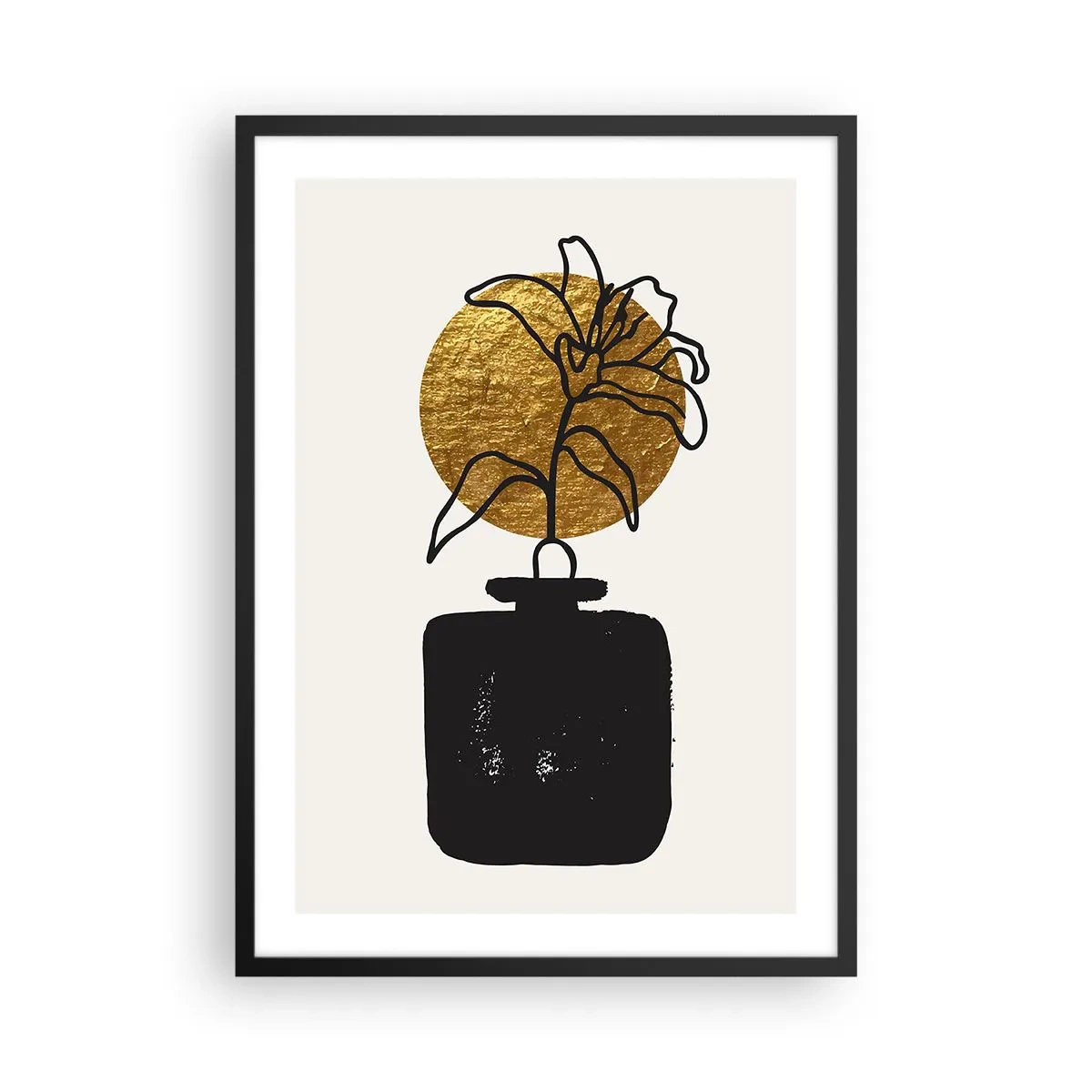 Plakat w czarnej ramie - Abstrakcyjna kompozycja z kwiatem i złotym kołem - 50x70cm - Piękno na wagę złota - Nowoczesna dekoracja ścienna do salonu i sypialni ARTTOR