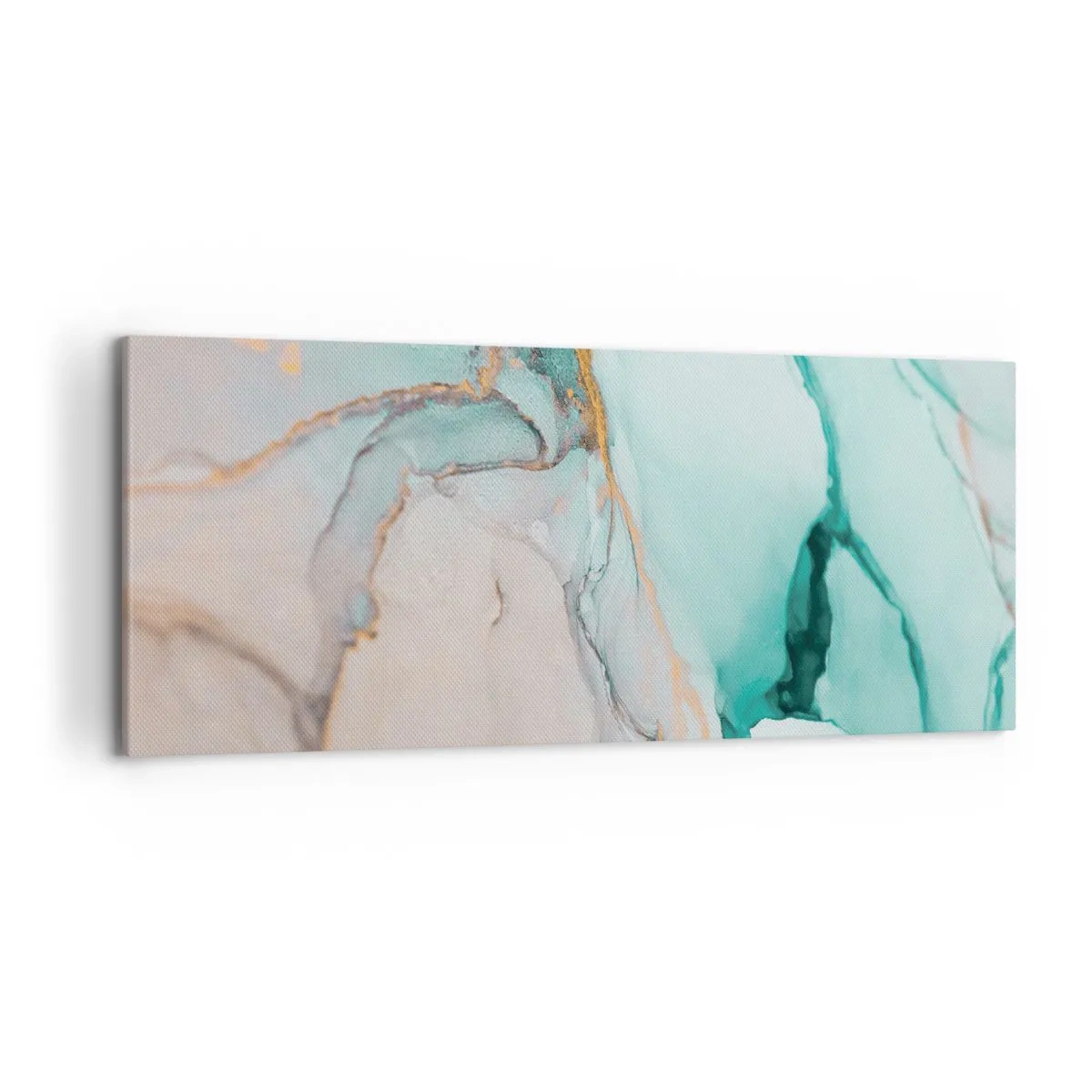 Obraz na płótnie - Abstrakcyjna kompozycja w odcieniach turkusu i złota - 120x50cm - Taniec kształtów i barw - Nowoczesna dekoracja ścienna do salonu i sypialni ARTTOR