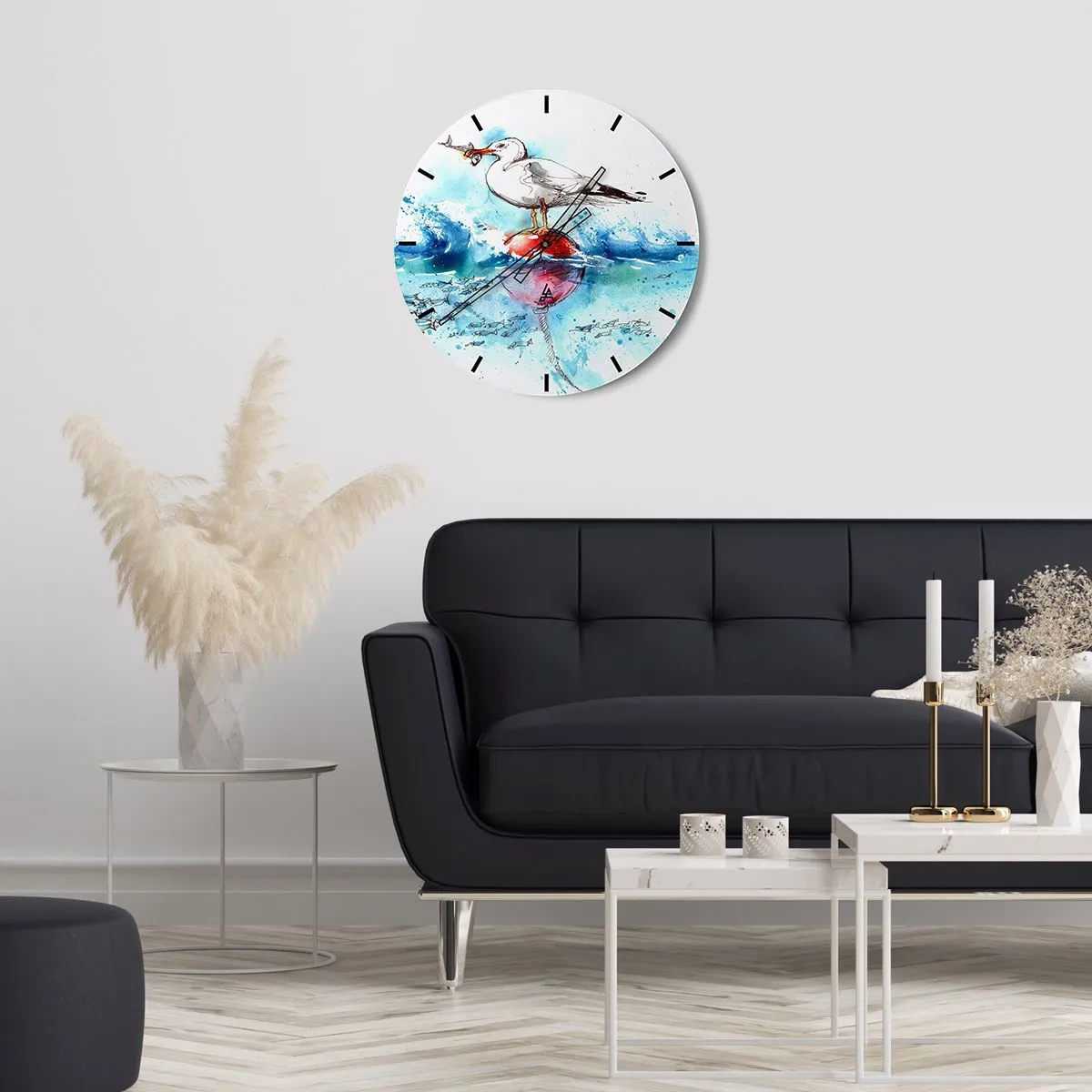 Zegar ścienny - Mewa z rybą na boi wśród fal, przedstawiona w akwarelowym stylu - 30x30cm - Udany połów - Nowoczesna dekoracja ścienna do salonu, kuchni i sypialni ARTTOR