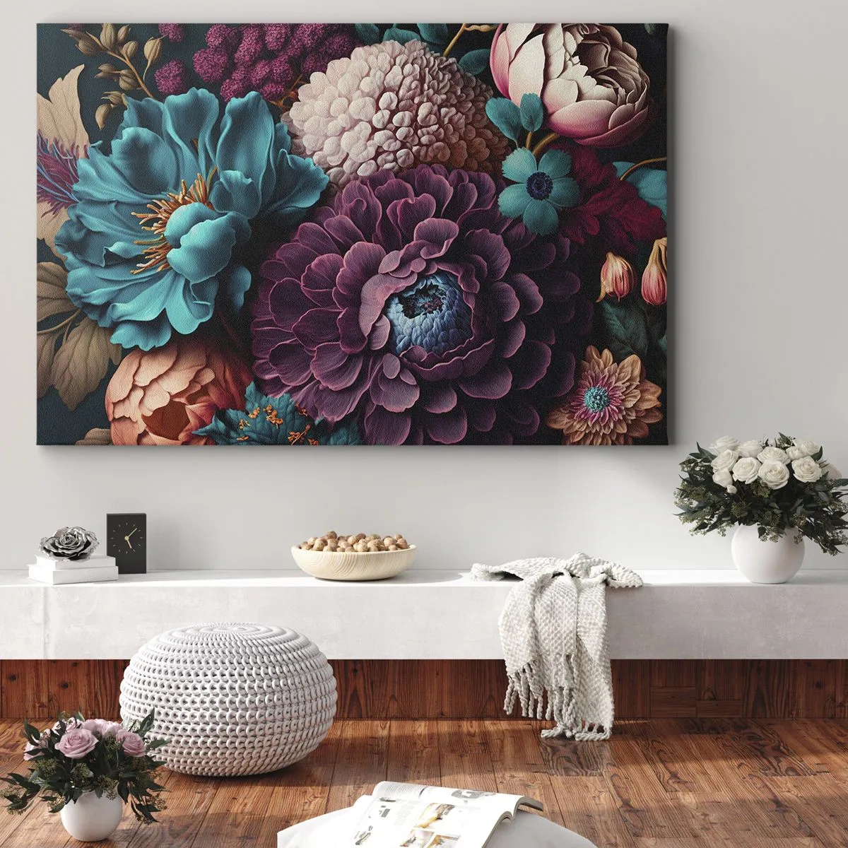 Obraz na płótnie - Bukiet kwiatów w intensywnych kolorach na ciemnym tle - 70x50cm - Natura na bogato - Nowoczesna dekoracja ścienna do salonu i sypialni ARTTOR