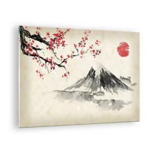 Obraz na szkle - Japońska akwarela z górą i kwitnącą gałęzią - 70x50cm - Pokochaj Japonię - Nowoczesna dekoracja ścienna do salonu i sypialni ARTTOR