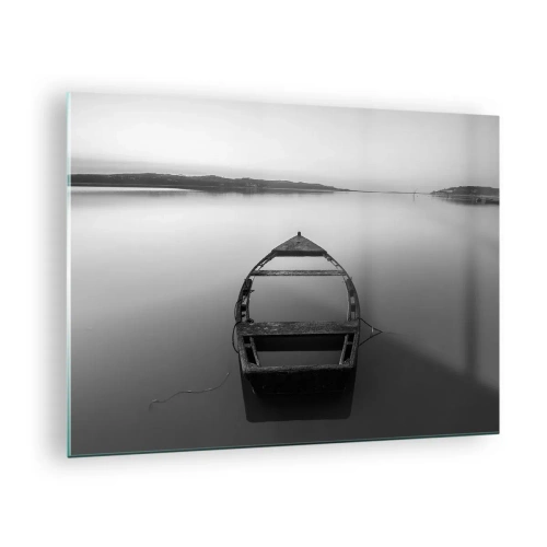 Obraz na szkle - Stara łódź na spokojnej tafli wody w czerni i bieli - 70x50cm - Tęsknota i melancholia - Nowoczesna dekoracja ścienna do salonu i sypialni ARTTOR