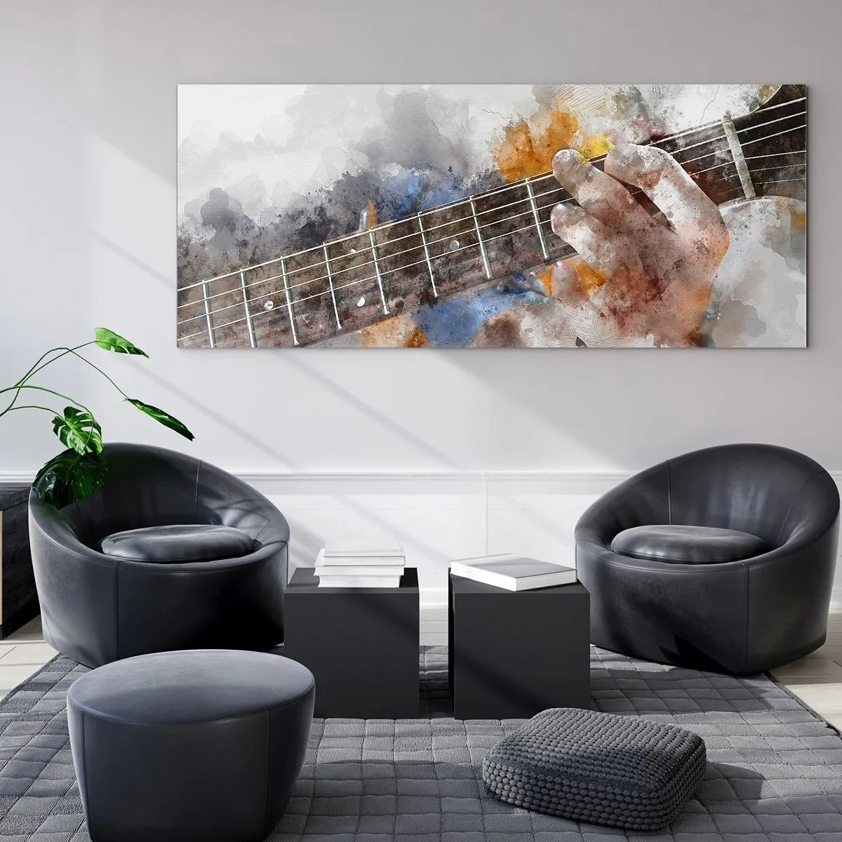 Obraz na szkle - Abstrakcyjny obraz ręki grającej na gitarze - 160x50cm - Poezja między strunami - Nowoczesna dekoracja ścienna do salonu i sypialni ARTTOR
