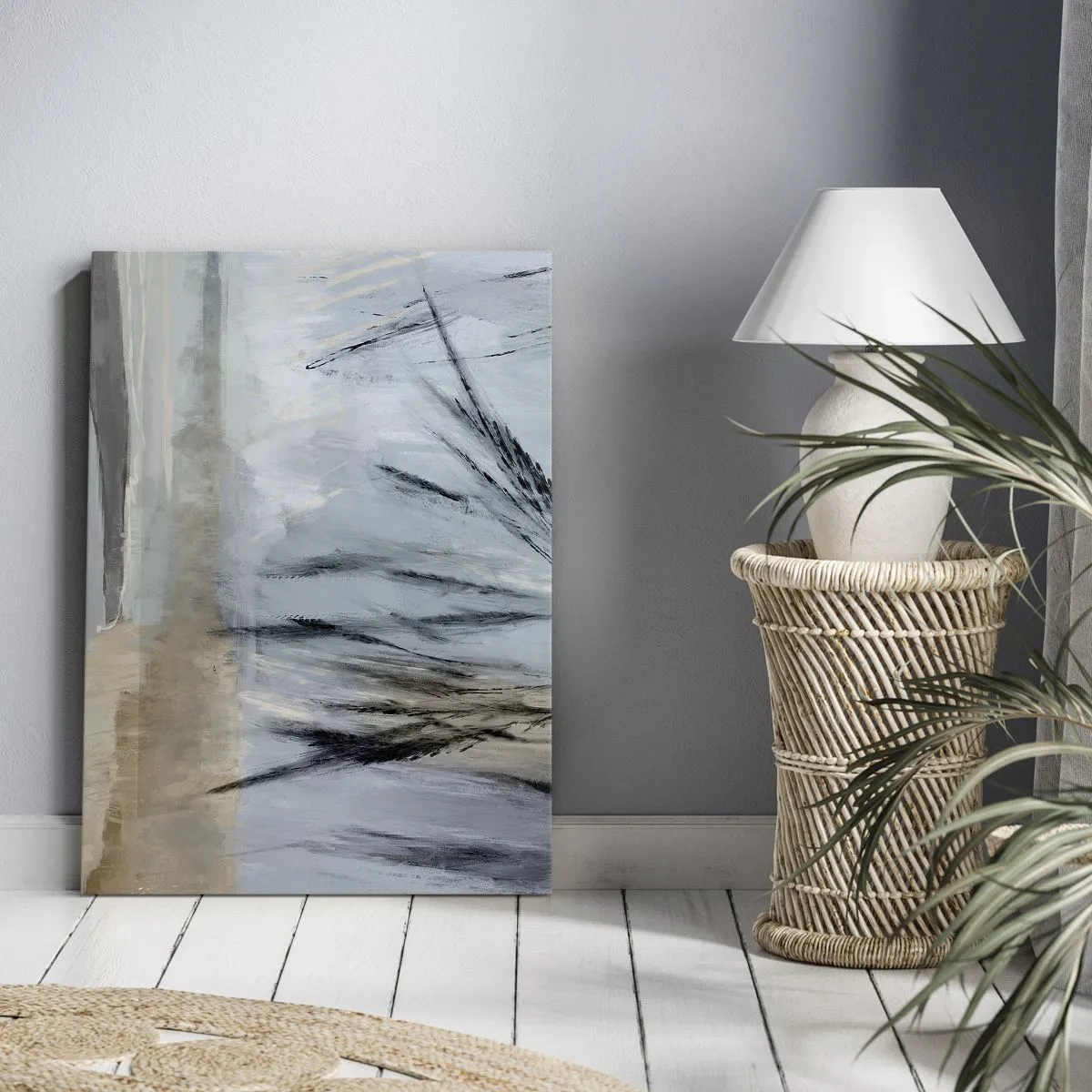 Obraz na płótnie - Delikatna abstrakcja w odcieniach beżu, szarości i czerni - 50x70cm - Zimowe pola - Nowoczesna dekoracja ścienna do salonu, kuchni i sypialni ARTTOR