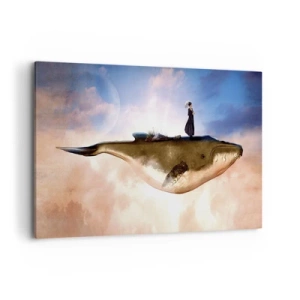 Obraz na płótnie - Fantastyczna scena kobiety na wielorybie wśród chmur - 120x80cm - Nadrealna podróż - Nowoczesna dekoracja ścienna do salonu, kuchni i sypialni ARTTOR