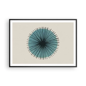 Plakat w czarnej ramie - Abstrakcyjna forma w kształcie koła z promieniami w błękitach - 100x70cm - Promieniście na błękicie - Nowoczesna dekoracja ścienna do salonu i sypialni ARTTOR