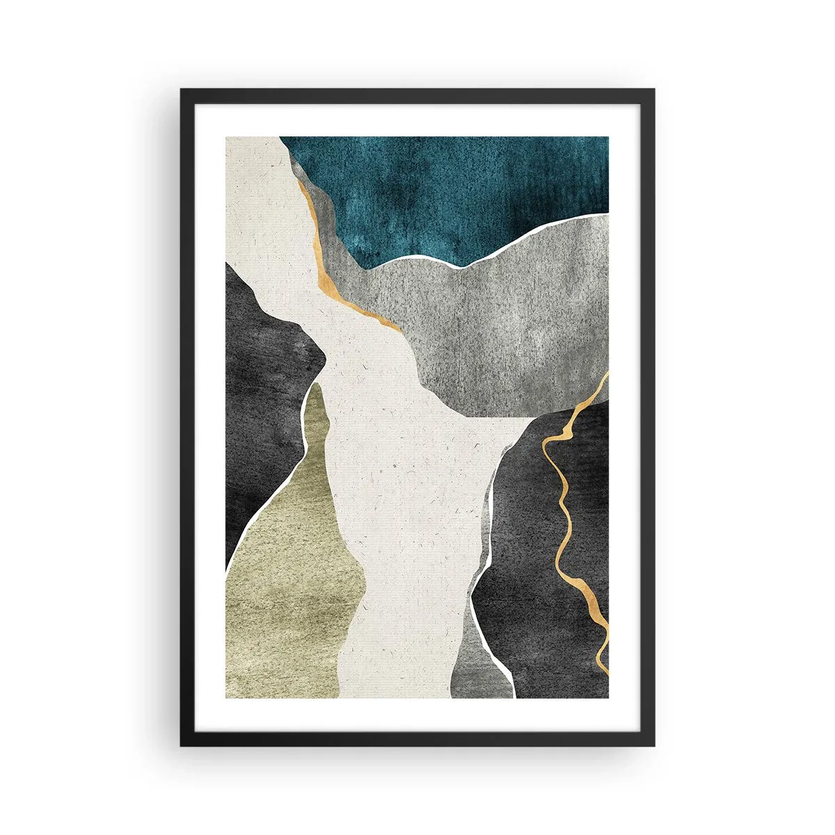 Plakat w czarnej ramie - Abstrakcyjna kompozycja z geometrycznymi kształtami - 50x70cm - Mozaikowa kompozycja z nitką złota - Nowoczesna dekoracja ścienna do salonu i sypialni ARTTOR