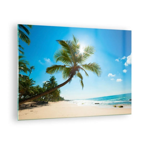 Obraz na szkle - Tropikalna plaża z palmami i błękitnym niebem - 70x50cm - Nie pokazywać nikomu - Nowoczesna dekoracja ścienna do salonu i sypialni ARTTOR