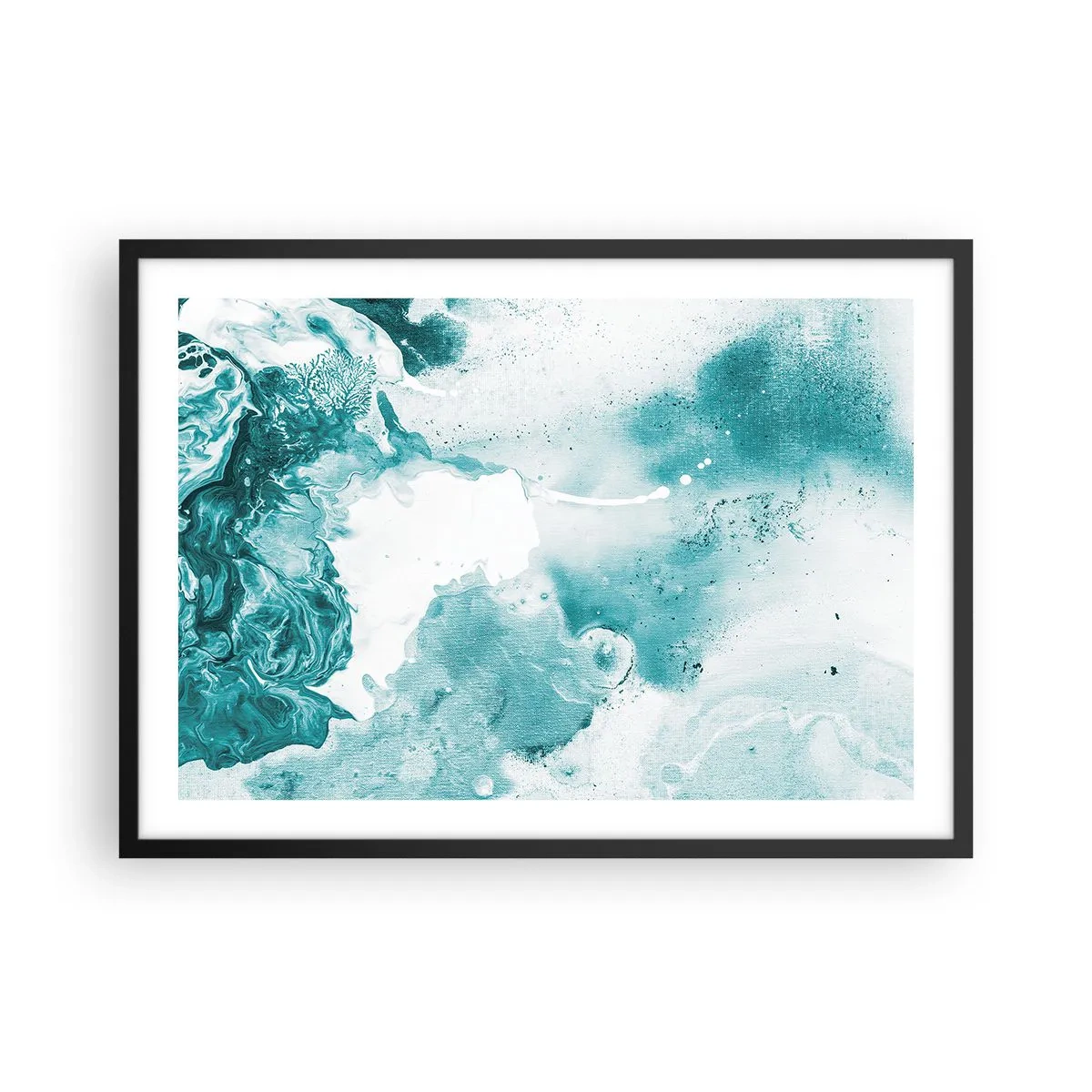 Plakat w czarnej ramie - Abstrakcja w odcieniach błękitu z delikatnymi akcentami bieli - 70x50cm - Rozlewiska błękitu - Nowoczesna dekoracja ścienna do salonu i sypialni ARTTOR