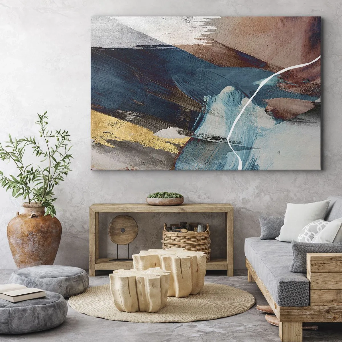 Obraz na płótnie - Abstrakcyjne pociągnięcia pędzla w odcieniach niebieskiego i złota - 70x50cm - Z rozmachem i energicznie - Nowoczesna dekoracja ścienna do salonu i sypialni ARTTOR