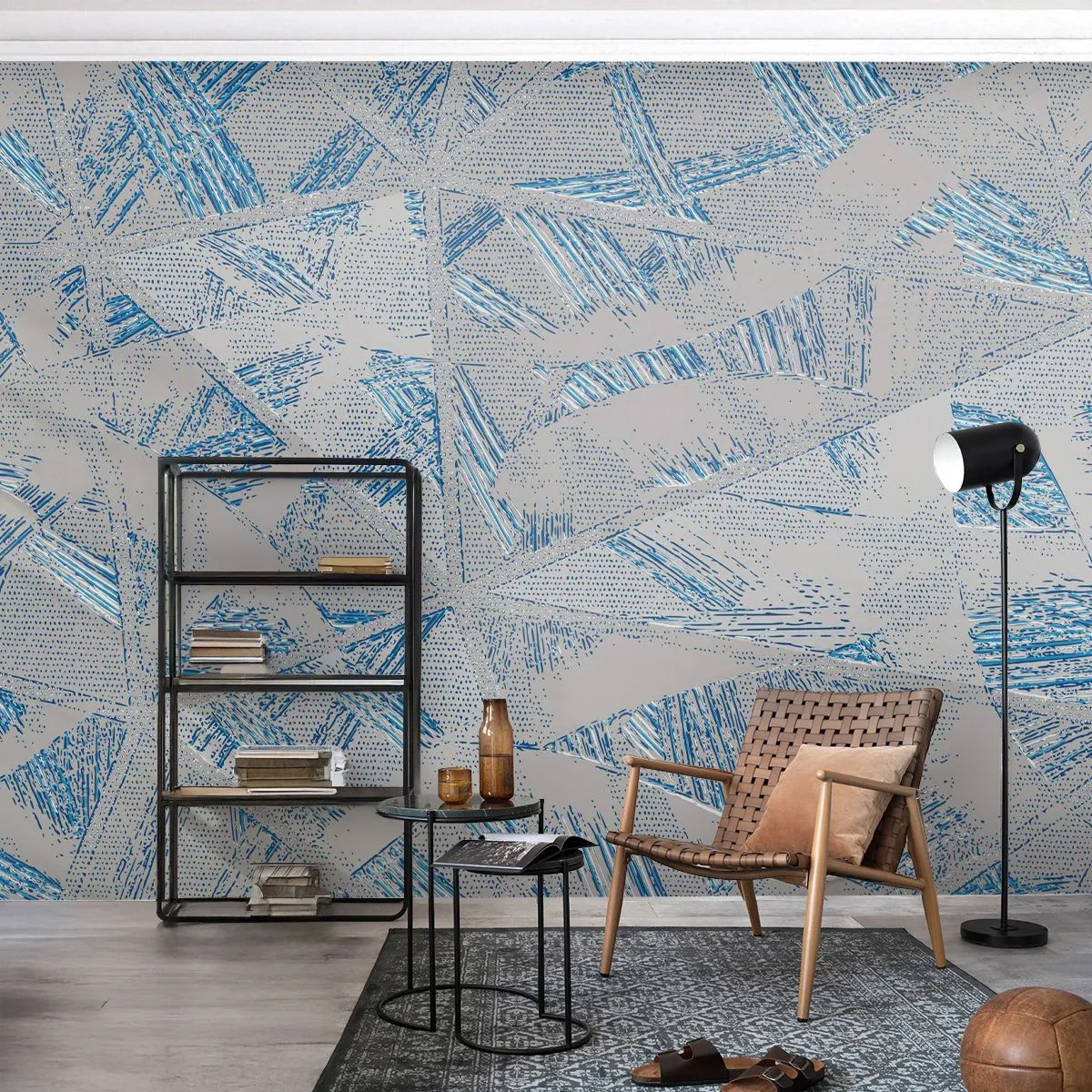 Fototapeta Premium Sand - Geometryczny wzór w odcieniach szarości i niebieskiego - 100x70cm - W szaroniebieskim labiryncie - Nowoczesna dekoracja ścienna do salonu, kuchni i sypialni ARTTOR