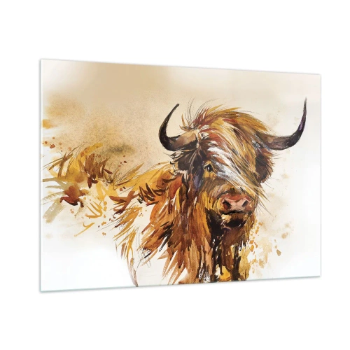 Obraz na szkle - Akwarelowa ilustracja byka szkockiego o długiej sierści - 100x70cm - Duma łowcy - Nowoczesna dekoracja ścienna do salonu, kuchni i sypialni ARTTOR