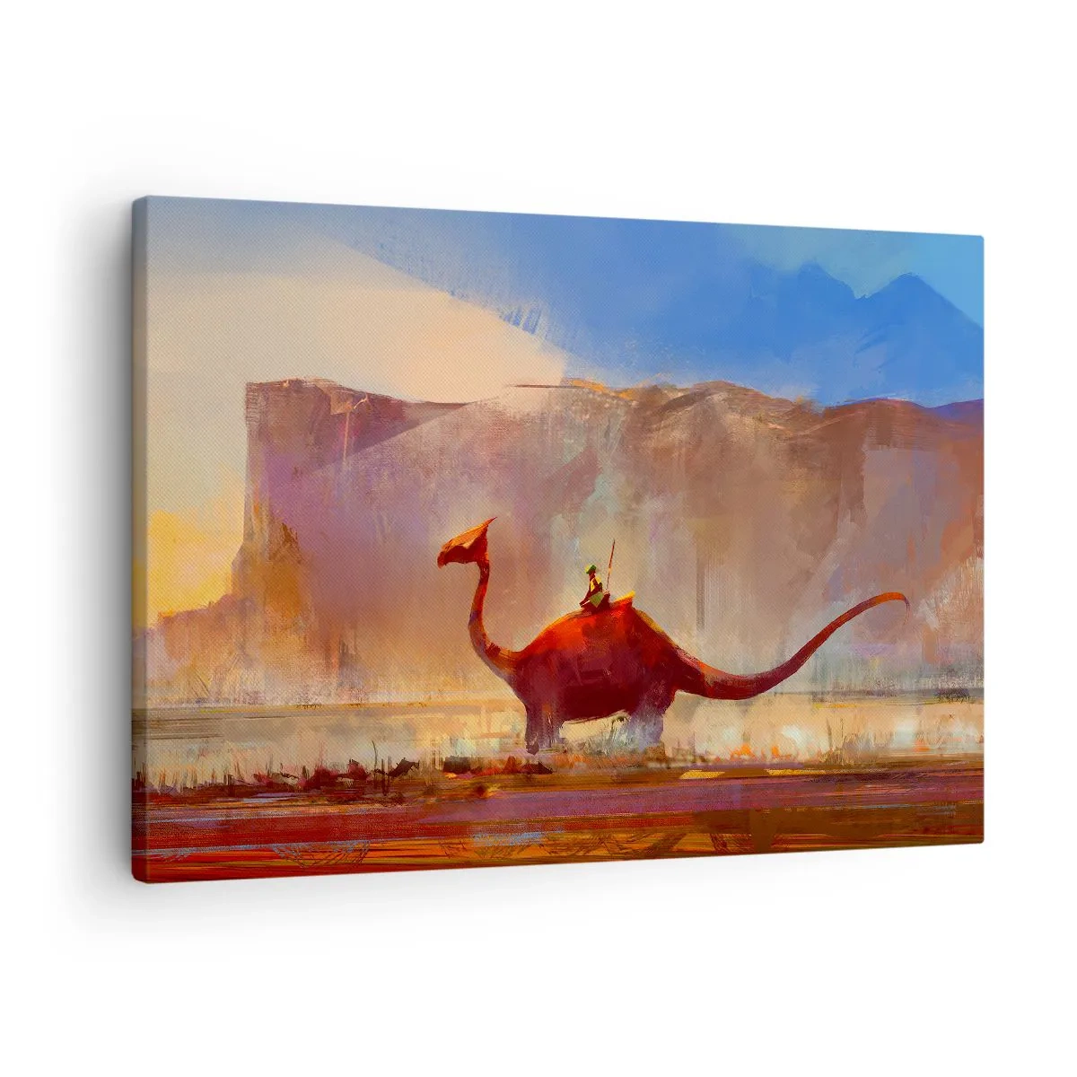 Obraz na płótnie - Fantazyjna scena z jeźdźcem na prehistorycznym stworzeniu - 70x50cm - Gdyby nie wyginęły - Nowoczesna dekoracja ścienna do salonu i sypialni ARTTOR