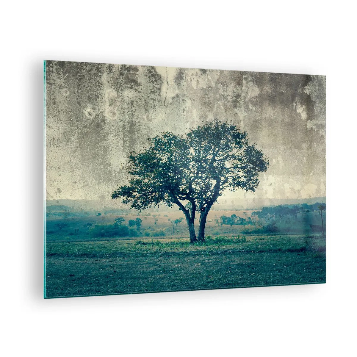 Obraz na szkle - Samotne drzewo na tle pejzażu w stylu vintage - 70x50cm - Jabłoń na błękitnym błoniu? - Nowoczesna dekoracja ścienna do salonu i sypialni ARTTOR